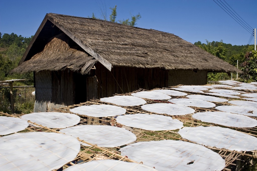 Noodle patties drying in the sun